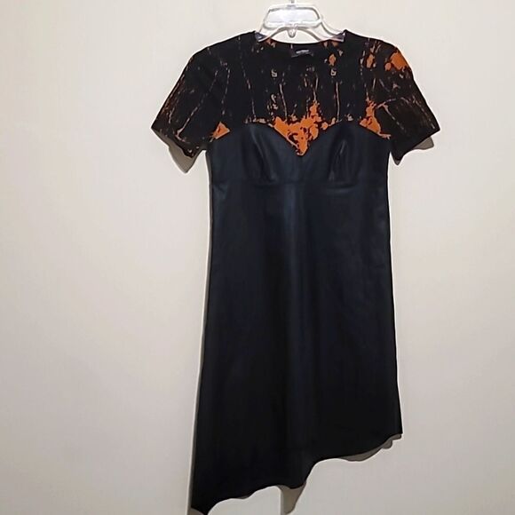 Zara Faux Leather Asymmetrical Orange and Black Dress Sz Small - Picture 3 of 8